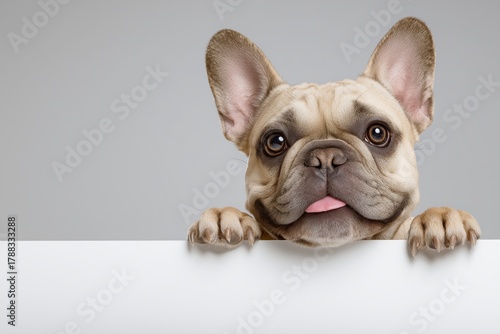 Cute French Bulldog Eagerly Peeking Over a Table With a Joyful Expression Ind...