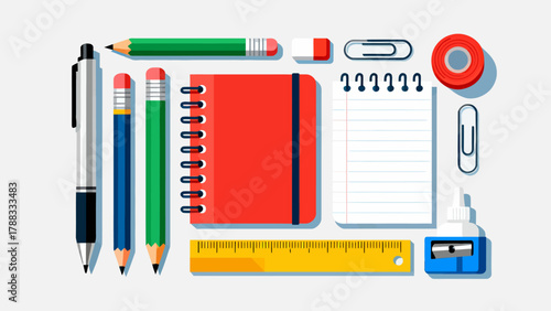 A collection of school supplies, cartoon hand-drawn vector illustrations, rulers, erasers, pencils, books, schoolbags, compasses, pencil sharpeners, pens, scissors