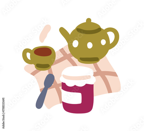 Tea cup and pot, jam in jar. Teapot, ceramic mug with sweet confiture. Cozy warm drink. Hot beverage and preserve, spoon. Morning hygge. Flat vector illustration isolated on white background.