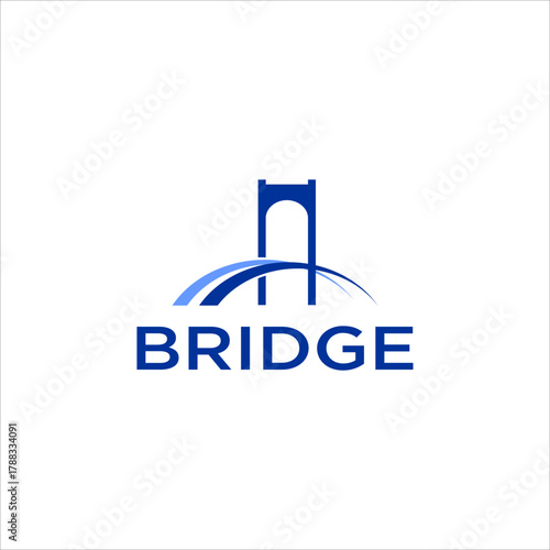 Bridge logo design with modern blue arch and tower symbol, representing connection, structure, construction, and architecture concept in minimal vector style for engineering or business identity