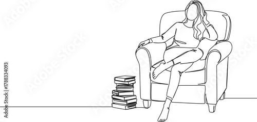 continuous line drawing of woman relaxing in comfortable armchair, line art vector illustration