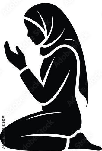 Muslim woman silhouette praying traditional hijab kneel worship islamic faith religion holy religious culture spiritual prayer illustration