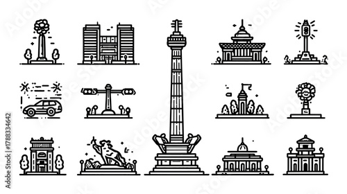Outline City Landmarks and Urban Architecture Icons Set. Black and White Vector Illustrations of Famous Monument and Building Silhouettes.