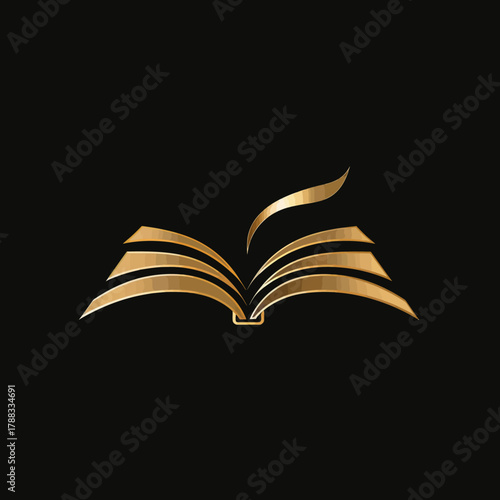 Elegant golden open book icon with glowing pages on a sleek black background, symbolizing knowledge, education, and wisdom.
