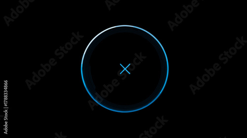 Abstract glowing blue circle with 'x' icon on black background, futuristic digital interface button, UI design element, technology concept