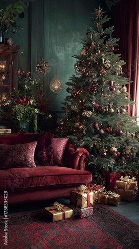 Elegant Living Room Decorated for the Holiday Season With a Christmas Tree an...