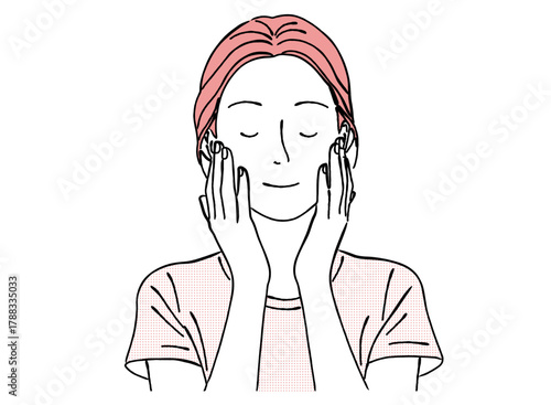 線画のスキンケアをする女性,保湿,美肌,美容,顔を包む,シンプル,ベクター