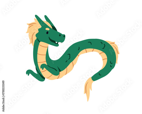 Cute Asian dragon toy. Magic fictional traditional Chinese animal with long curved tail. Funny fairytale fantastic myth character. Kids flat vector illustration isolated on white background