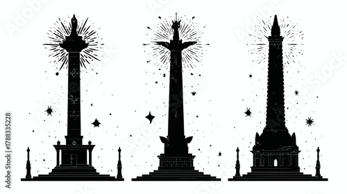 Set of three majestic monumental column silhouettes with radiant light and stars, ancient architectural pillars vector art.