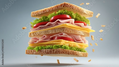 Close up of a tall sandwich with ham cheese lettuce and tomato on a light blue background