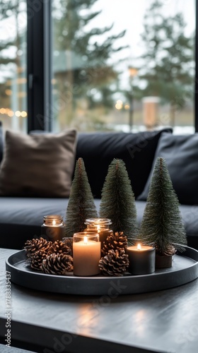 Cozy Winter Scene Featuring Candles and Pine Decor in a Modern Living Room