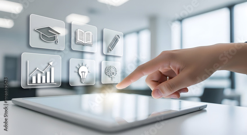 Realistic hand interacting with modern EdTech icons and digital interface elements. Ideal for online learning platforms, e-learning solutions, virtual classrooms, educational apps, training systems, a