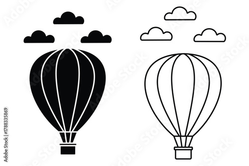 Hot air balloon vector icon. Silhouette of hot air balloon symbol. Symbol of travel or excursion. Flight, travel, adventure, sky, transportation on white background. Vector illustration.