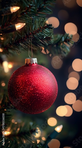 Bright Red Ornament Hangs on Christmas Tree With Blurred Lights in Background...