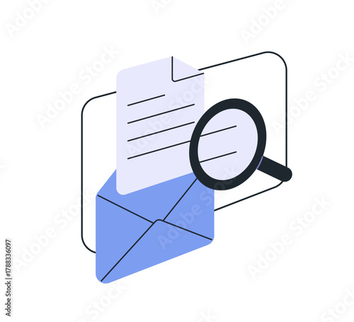 Email letter reading and searching, communication concept. Magnifying glass looking, studying message from e-mail, spam check. Newsletter study. Flat vector illustration isolated on white background