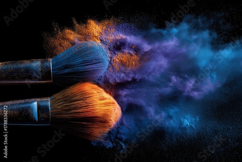 Colorful Makeup Brushes Create Vibrant Powder Bursts Against a Dark Background
