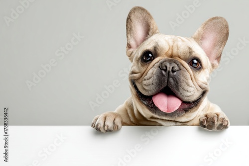 Cute French Bulldog Eagerly Peeking Over a Table With a Joyful Expression Ind...