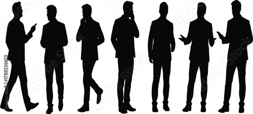 Black silhouette vector of businessmen in suits talking on mobile phones, representing corporate communication, networking, executive discussions, and professional connectivity, isolated on white.