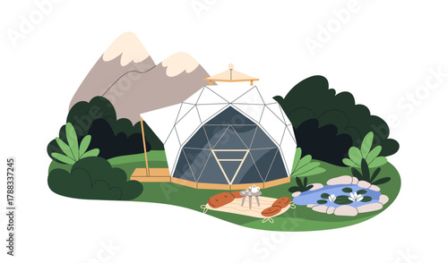 Bubble house, hotel in nature. Glamping, glam camping at outdoor campsite in mountains. Glass tent with recreation area, summer landscape. Flat vector illustration isolated on white background