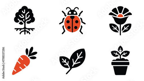 Vector Collection of garden icons featuring a tree, ladybug, flower, carrot, leaf, and plant in a pot, representing nature and gardening