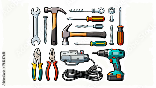 A collection of maintenance tools, cartoon hand-drawn vector illustrations, hammers, screwdrivers, wrenches, pliers, tape measures, screws, and screwdrivers