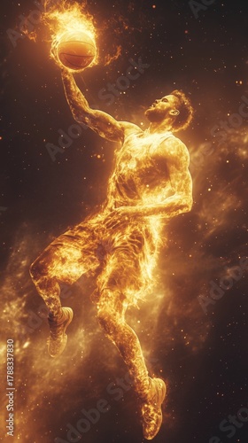 Basketball Player Leaps Through Flames in a Cosmic Scene