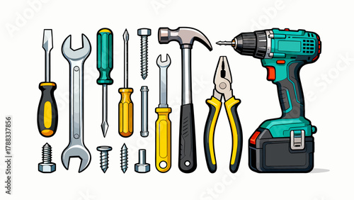 A collection of maintenance tools, cartoon hand-drawn vector illustrations, hammers, screwdrivers, wrenches, pliers, tape measures, screws, and screwdrivers