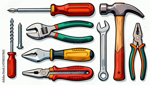 A collection of maintenance tools, cartoon hand-drawn vector illustrations, hammers, screwdrivers, wrenches, pliers, tape measures, screws, and screwdrivers