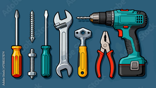 A collection of maintenance tools, cartoon hand-drawn vector illustrations, hammers, screwdrivers, wrenches, pliers, tape measures, screws, and screwdrivers