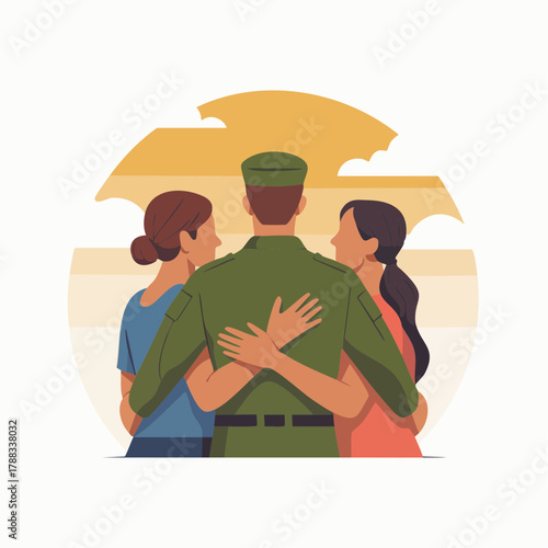 Soldier Homecoming Hug with Family Silhouette at Warm Sunset