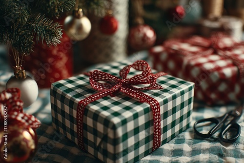 Gift-wrapped Present With Red Ribbon and Checkered Pattern Under Festive Deco...