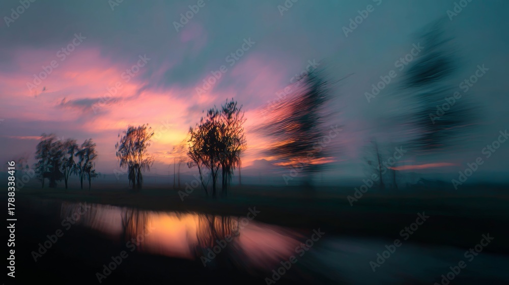 Fototapeta premium A blurred landscape at sunset with silhouetted trees and a reflective water surface. The sky displays vibrant colors of pink and blue.