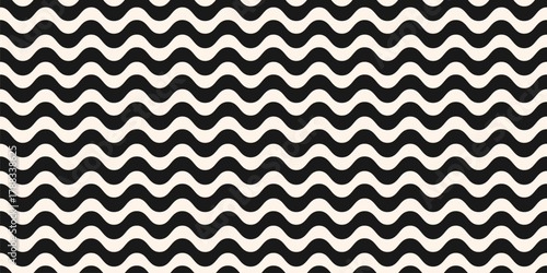 Simple vector seamless pattern with horizontal wavy lines, bold stripes, liquid shapes. Black and white abstract waves texture. Minimal monochrome background. Repeat design for print, decor, textile