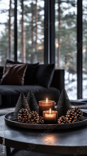 Cozy Winter Scene Featuring Candles and Pine Decor in a Modern Living Room