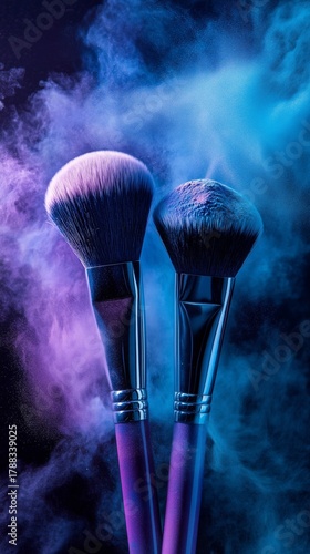 Makeup Brushes in Vibrant Colors Surrounded by Swirling Purple and Blue Smoke