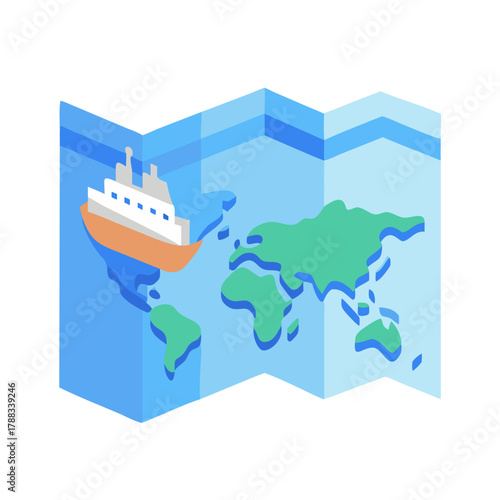 Isometric world map with cruise ship in retro style