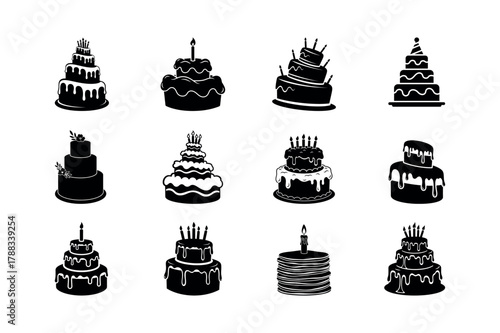 Collection of twelve black silhouette icons of tiered birthday and celebration cakes featuring candles and dripping frosting