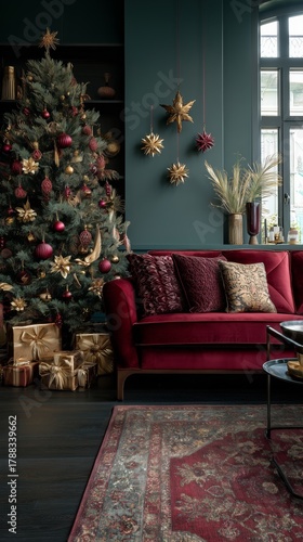 Elegant Living Room Decorated for the Holiday Season With a Christmas Tree an...