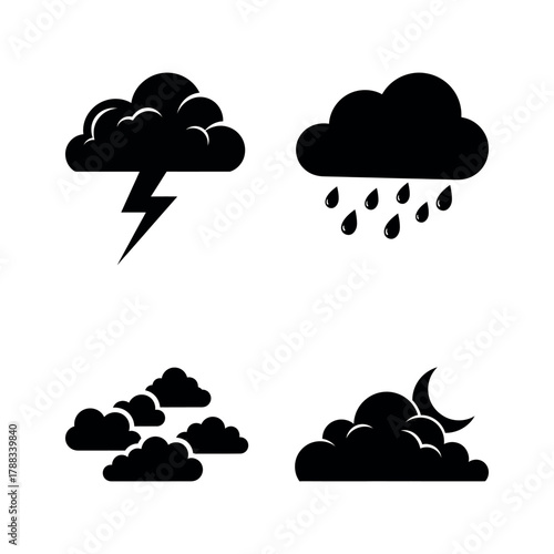 Set of black weather icons featuring a thunder storm cloud, rain, overcast sky, and night cloud with crescent moon