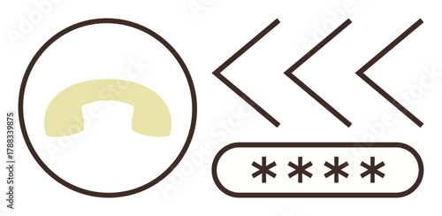 Yellow phone receiver, three forward arrows, and password field with asterisks. Ideal for communication, security, technology, authentication, phone services, data privacy and digital interactions