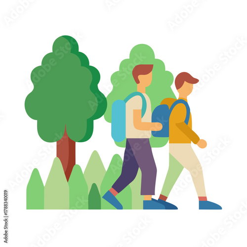 Two hikers walking through a stylized green forest illustration