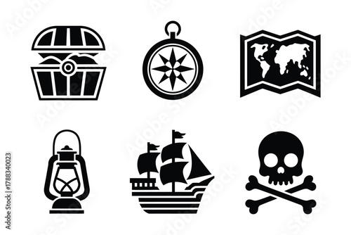 Vector art of Pirate icons featuring treasure chest, compass, map, lantern, ship, and skull, perfect for adventure and nautical themes