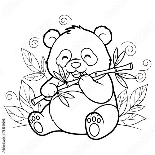 Black and white outline coloring page featuring a cute cartoon baby panda bear sitting and happily eating bamboo stalk and leaves