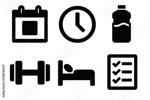 Bold Training Icons. Training Schedule silhouette icon set: calendar page, clock icon, dumbbell, water bottle, rest day icon, plan checklist.