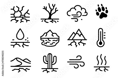 Drought Icons Collection. Environmental Drought linear icon set: cracked earth, dead tree, dust cloud, animal tracks, water droplet, dry lake, mountain, thermometer, sand dunes,