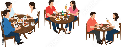 Vector illustration set depicting diverse groups of friends, colleagues, and couples enjoying coffee, snacks, and meals together at round tables