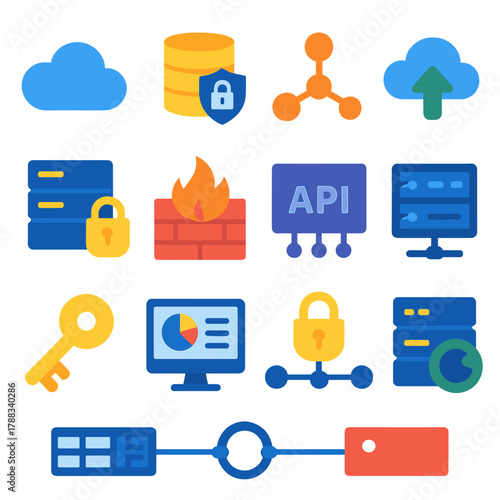 Secure Cloud Storage Icons. Cloud Secure Storage flat icons: cloud icon, database stack, encryption lock, data node, upload arrow, secure server, firewall, API symbol, access key,