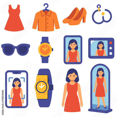 Virtual Fashion Icon Set. Fashion Virtual Try-On flat icons: dress icon, shirt hanger, shoe pair, jewelry icon, sunglasses, watch, camera screen, smartphone, avatar model, style