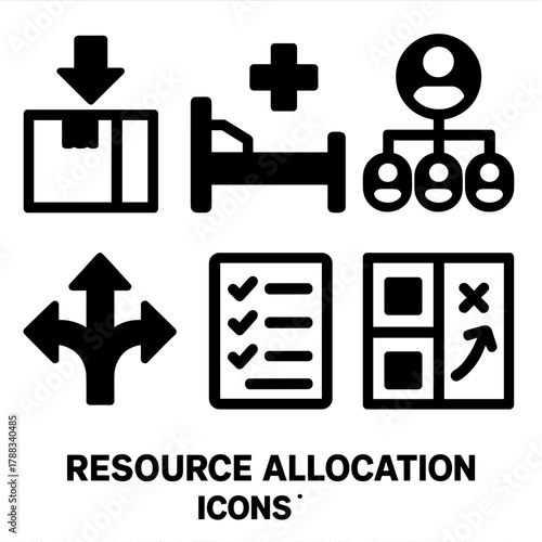 Bold Resource Icons. Resource Allocation silhouette icon set: supply box, hospital bed, staff chart, distribution arrows, stock list, planning board.