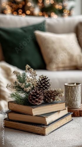 Cozy Holiday Scene With Stacked Books, Pinecones, and a Warm Drink by the Couch